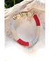 A crimson, tan and grey colorblock polymer clay braclet with gold pave box beads in the letters C O C for College of Charleston fans.